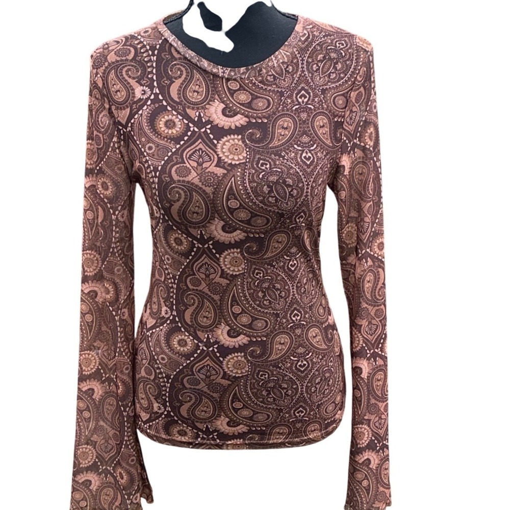 Y2K Sterling & Stitch Sheer Paisley Top Brown Long Sleeve Fairy Grunge Boho Med